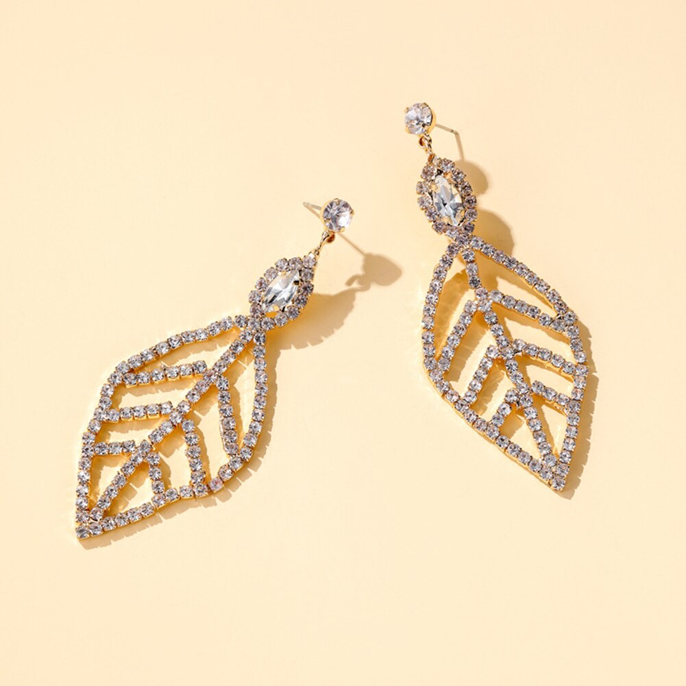 Women Hollow Leaf Full Rhinestone Long Dangle Ear Stud Earrings Jewelry Long Dangle Ear Stud Earrings Jewelry Long Dangl