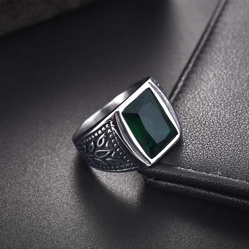 Anillo de acero inoxidable Jiayiqi Punk para hombre, anillos de dedo de piedra circón verde para hombre, accesorios de joyería, ,