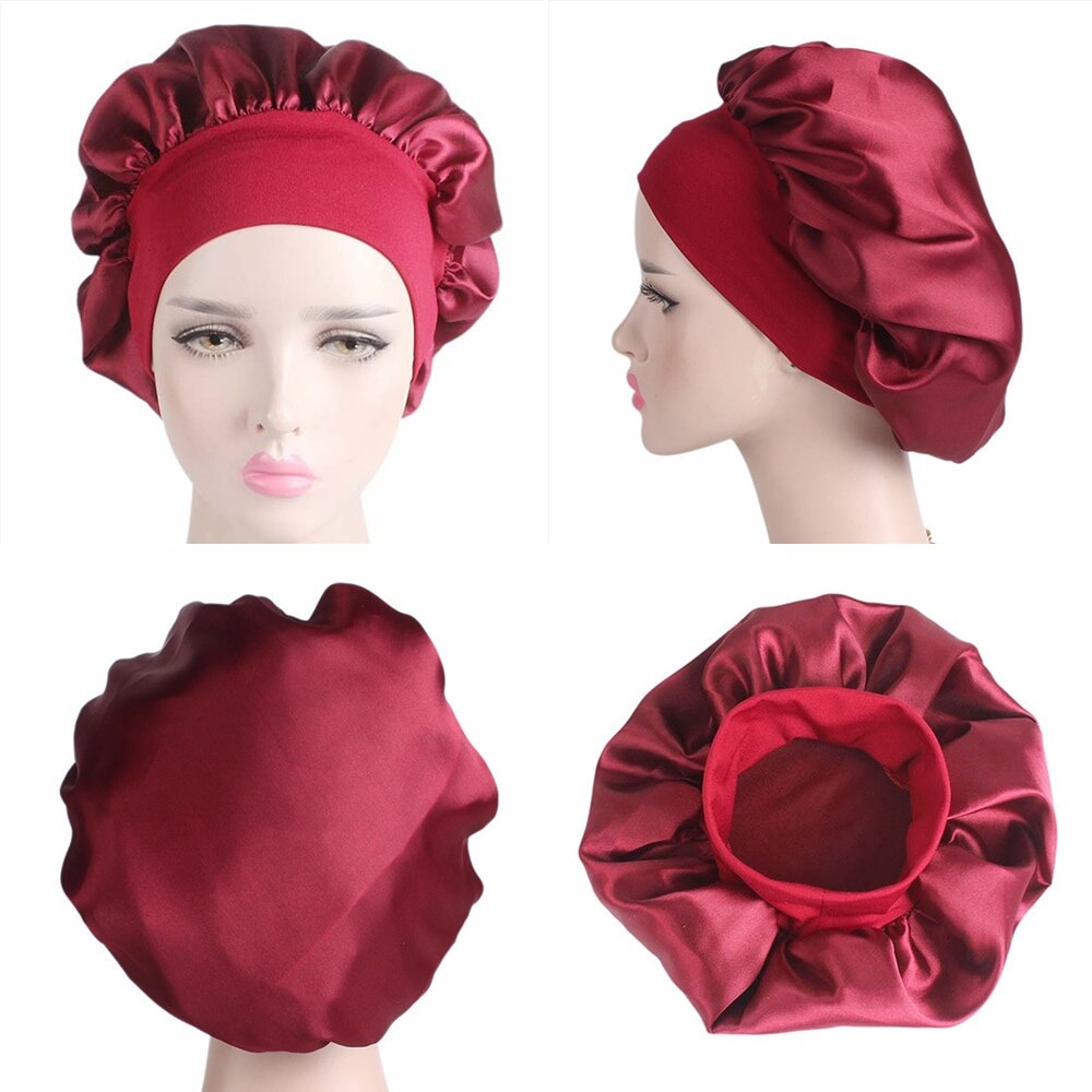 Solid Color Long Hair Care Women Satin Bonnet Cap Night Sleep Hat Silk Head Wrap Adjust Shower Caps Knitted Cap 58cm