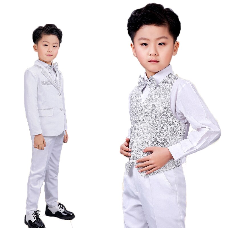 Kinderen Formele kleding Pak Set Bloem Jongens Gastheer Piano Prestaties Bruiloft Prins Cosutme Kids Blazer Vest Broek Bowtie 4 stks