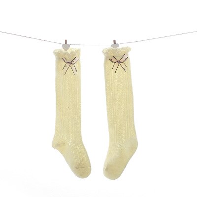 Babymeisje Sokken Kniehoog - Effen Katoen - Geribd met Strik - Ademend Mesh: Geel / 1-3y