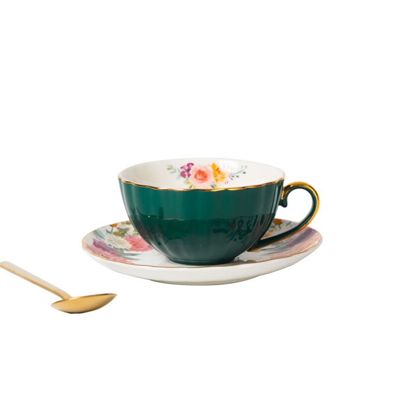 Wourmth-Juego de tazas y platillos de café de lujo europeo, tazas de té de flores Retro con borde dorado, cerámica, de boda para parejas: Dark green