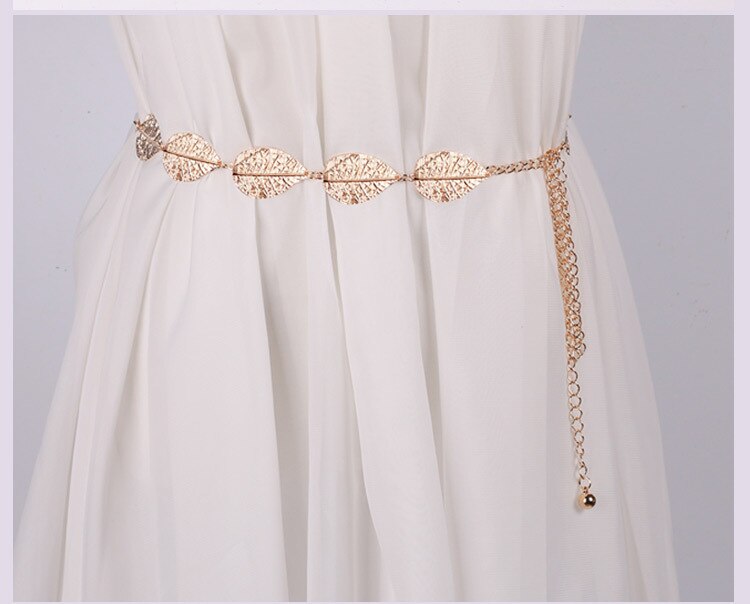 Women Belt Metal Brand Luxury Leaves Belt Alloy Waistbelt Decoration Leaf Thin Gold Waist Chain Belt Ladies: Golden