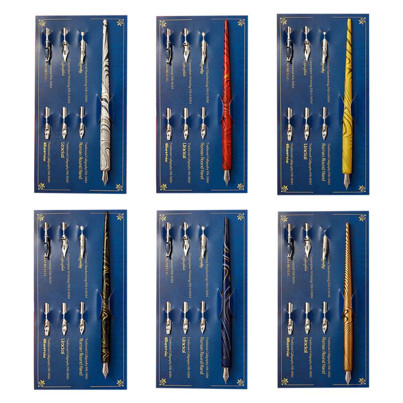 1 set marmeren houten manga kalligrafie kroontjespenhouder met 6 pennenpunten voor het schrijven van letters