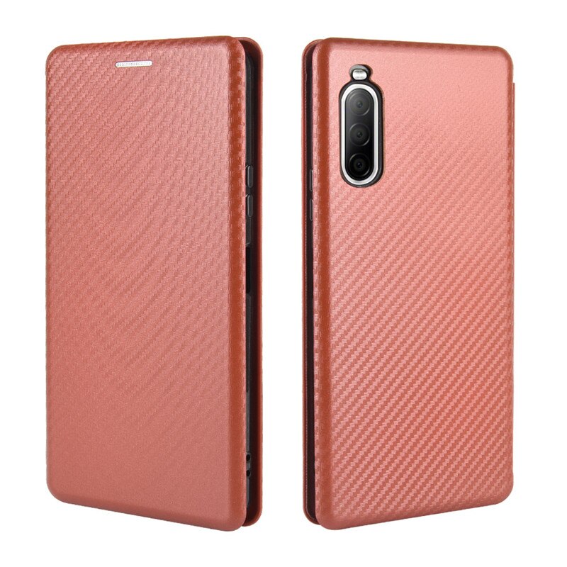 Voor Sony Xperia 10 Ii Case Carbon Fiber Pc Harde Kaarthouder Slim Leather Case Voor Sony Xperia10 Ii wallet Flip Cover: Brown