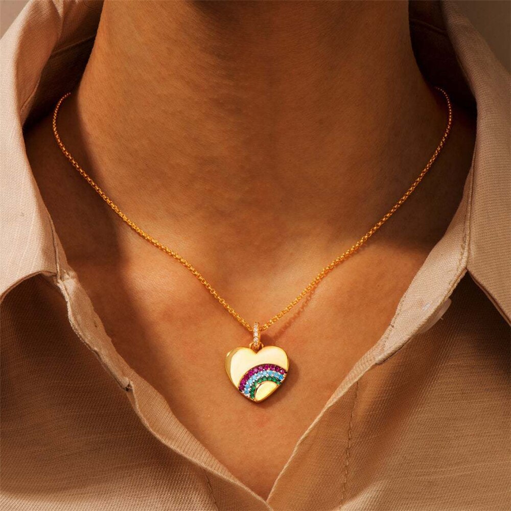 Lgbt rainbow necklaces for women, zircon crystal heart choker necklace, gold collar chain jewelry