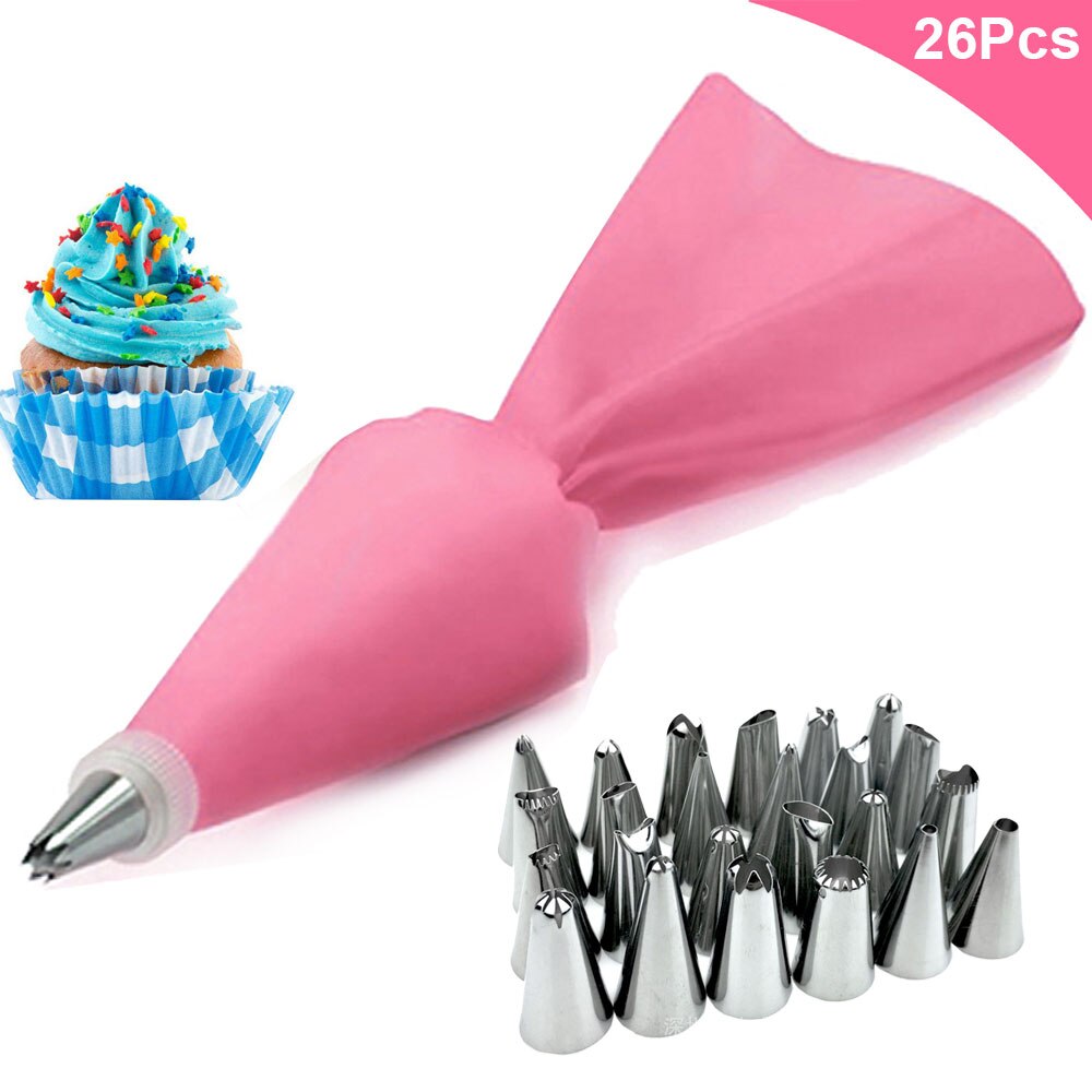 8/26Pcs Reusable Icing Piping Nozzles Set Pastry Bag Cake Decorating Tools Set Stainless Steel Kitchen Gadgets Fondant Decor: 26Pcs--Pink