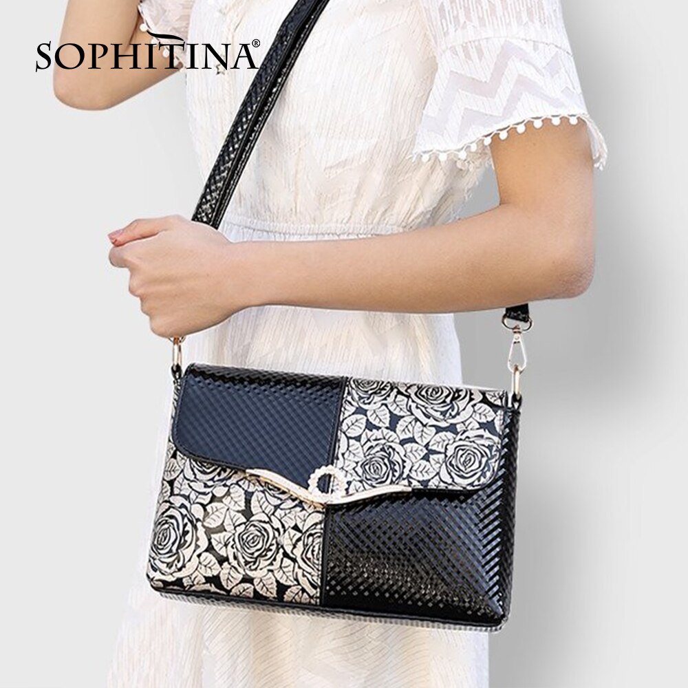 SOPHITINA Women Bags Metal Decoration Zipper Envelope Flap Pocket Flowers Pattern Shoulder Bags Casual Women Messenger Bags E85