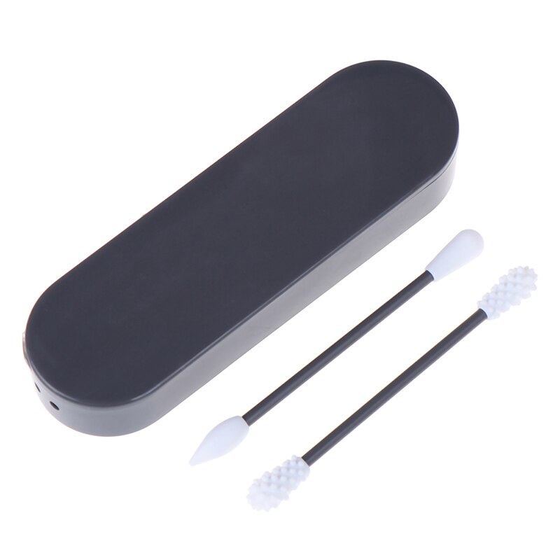 2Pcs Reusable Cosmetic Cotton Swab Double Head Ended Clean Cotton Swabs Ear Clean Set Includes Storage Silicone Cotton Box: GR