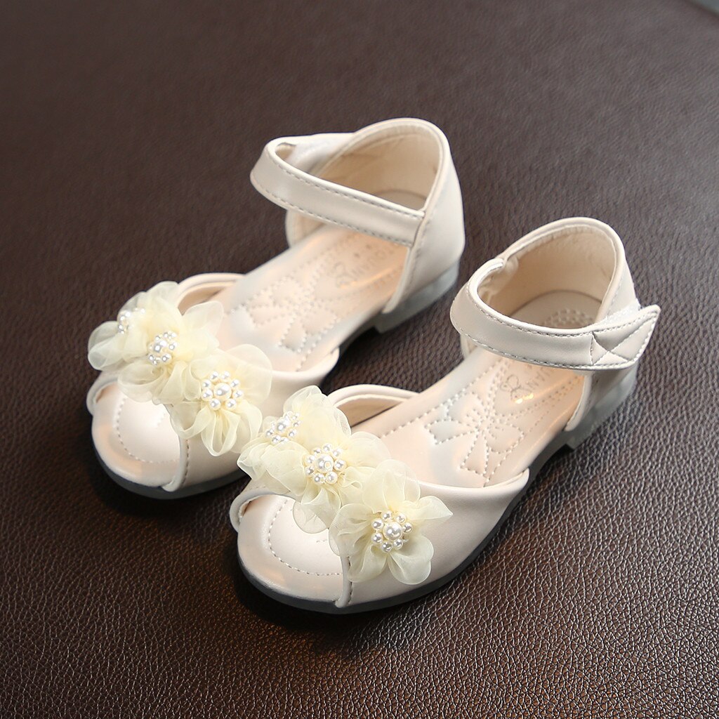 Sandalias TELOTUNY para niños pequeños, niñas pequeñas, niñas, perlas florales, zapatos de de cuero de princesa, sandalias para niños, sandalias para niñas Jun13: Beige / 29