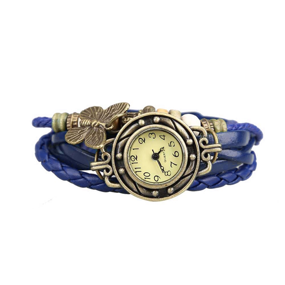 Vrouwen Retro Armband Polshorloge Weave Wrap Faux Lederen Vlinder Kralen Hanger Chain K2: Blauw