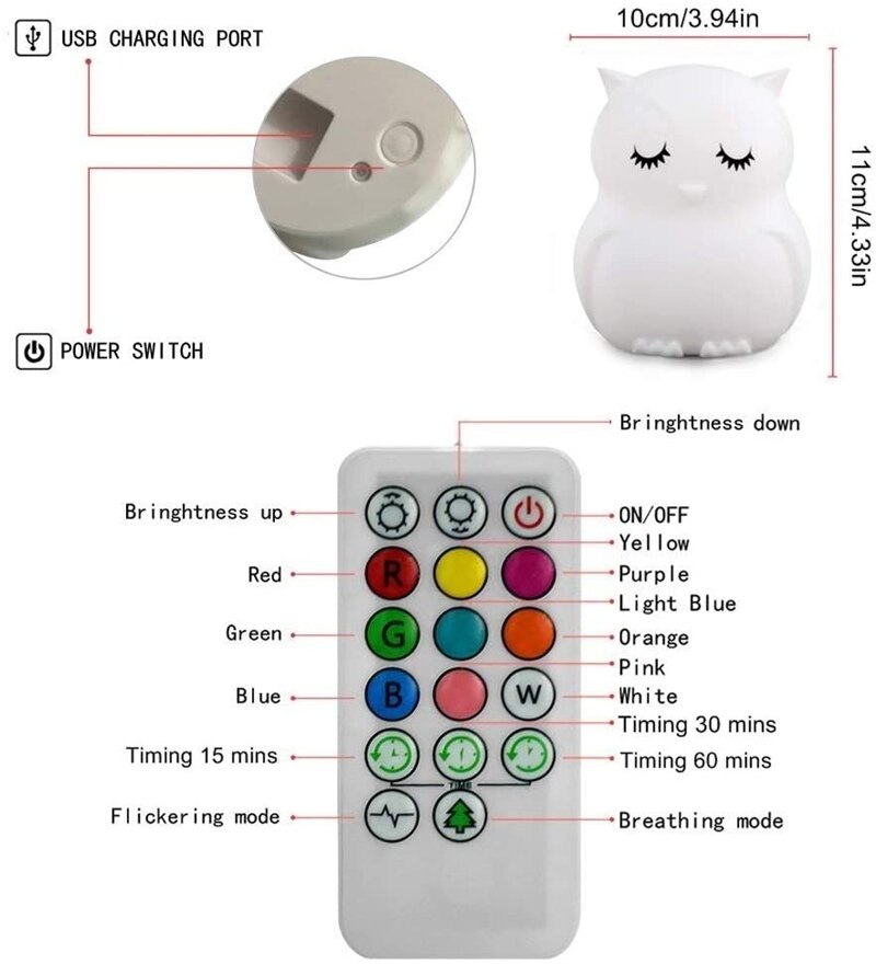 Luz nocturna de silicona con forma de Animal para bebé, lámpara de búho con Sensor táctil y control remoto, recargable con cambio de Color