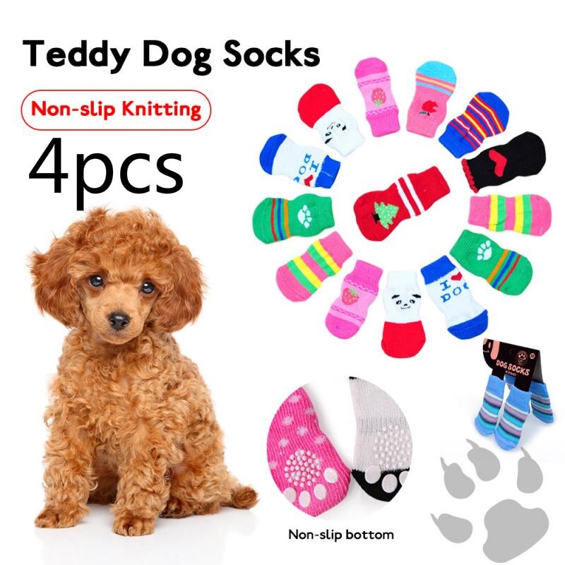 4 Stuks Anti-Slip Hond Sokken Chihuahua Teddy Puppy Hond Universele Leuke Print Sokken Winter Warm Houden Poot Protector huisdier Accessoires