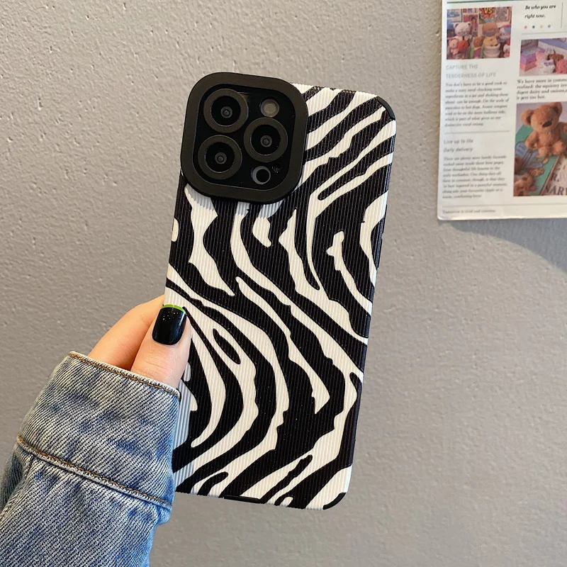 Coque arrière souple en silicone antichoc à rayures zébrées pour For iPhone, coques de téléphone, noir, blanc, 11, 13, 12, 14, 15, 16 Pro Max Plus,: tpu / Bleu