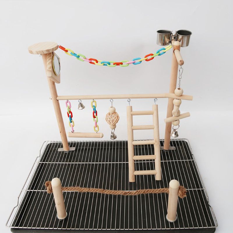 Espejo con pájaro loro soporte de juego Cockatiel parque infantil perca de madera escalera de gimnasio alimentador tazas columpio escalada ejercicio juguetes suministros para mascotas
