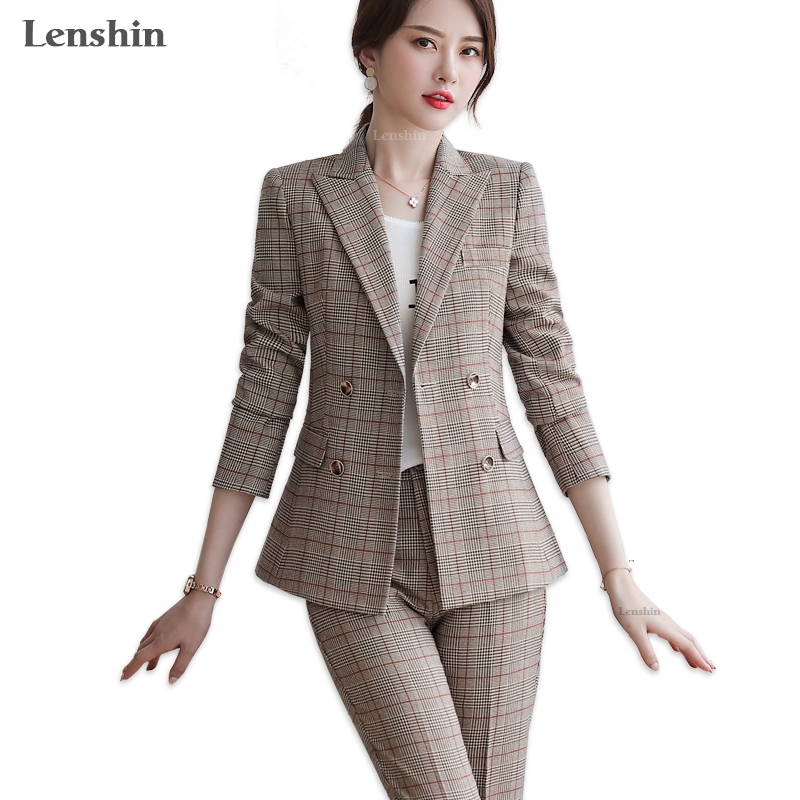Lenshin 2 pièces ensemble Plaid formel pantalon costume Blazer bureau dame conçoit des femmes veste souple et cheville longueur pantalon