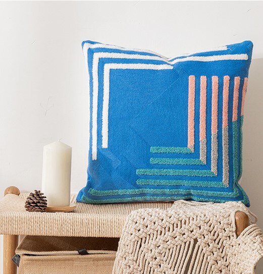 Keltainen harmaa vihreä pistekangas kirjonta tyynynpäällinen abstrakti geometrinen tyynynpäällinen kodin koristeellinen tyynyliina 45 x 45cm: Sininen