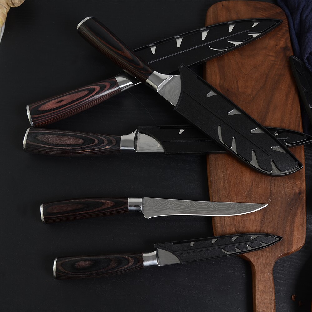XYJ Razor Sharp Knives Set Pakka Wood Handle 7cr17 Stainless Steel Pattern Blade Santoku Chef Slicer Boning Kitchen Knife