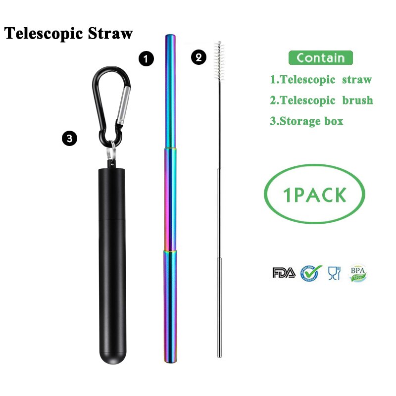 Telescopic Metal Drinking Straw Collapsible Reusable Straw Portable Stainless Steel Straw with Case and Brush for Travel Outdoor: T-straw 2
