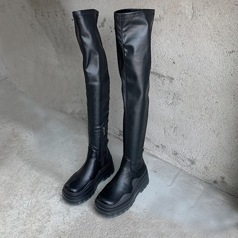 Femmes Stretch tissu cuir cuissardes décontracté sur le genou bottes femmes plate-forme Punk bottes noir bottes femmes