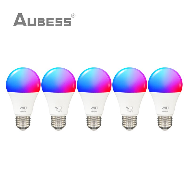 AUBESS – ampoule connectée Tuya, lampe LED RGB E27, 15W, wi-fi, variable, pour maison connectée, application Smart Life, commande vocale, Alexa, Google Home: 5 Pieces