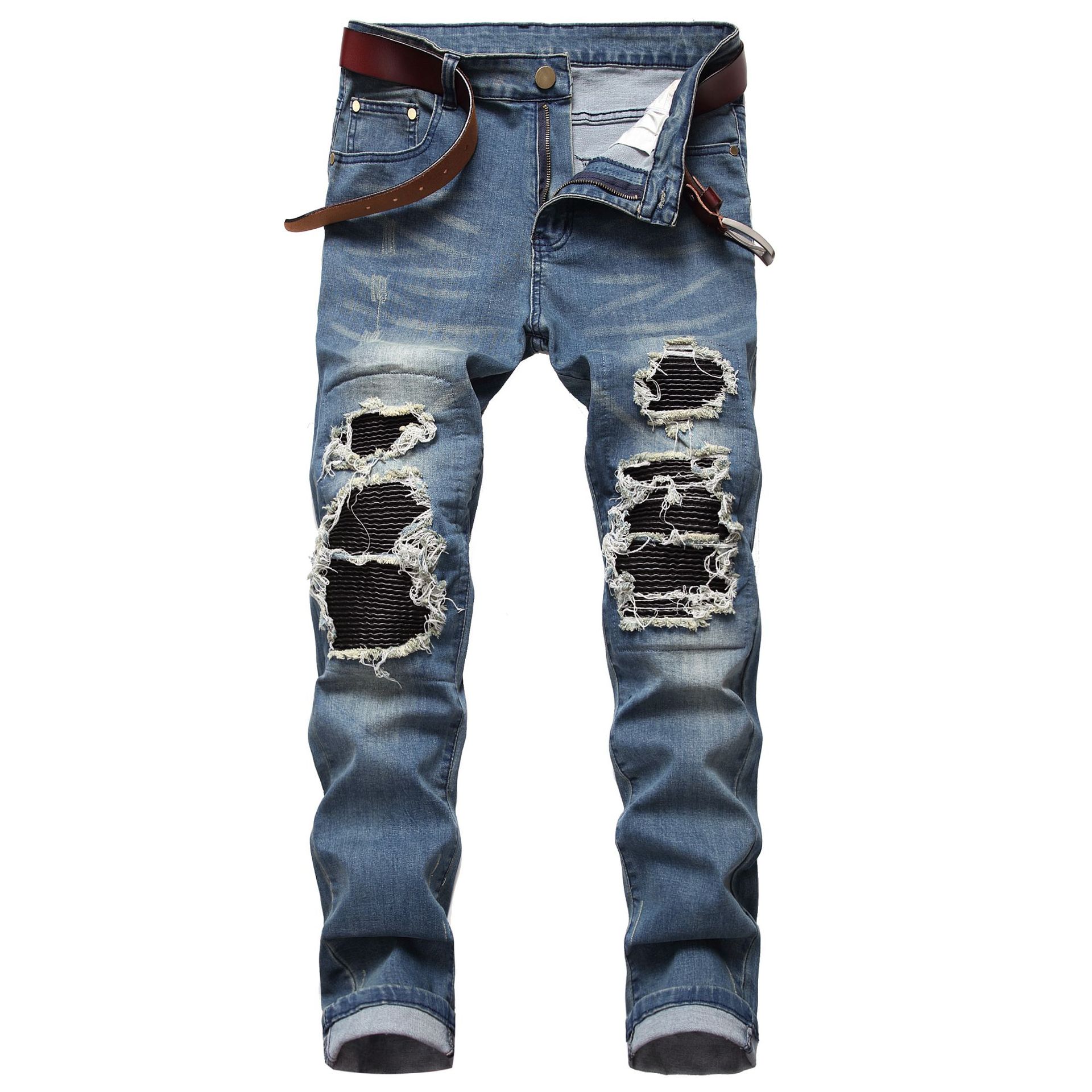 Denim concepteur trou jean déchiré pour hommes taille 28-38 40 automne hiver Plus velours HIP HOP Punk Streetwear: Bleu / 28