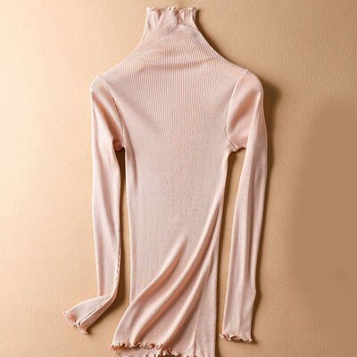 SuyaDream Women Solid Turtleneck Pullovers 80%Silk 20%Cotton Slim Fit Rib Sweaters Autumn Winter Bottoming Knit wear: Nude Pink