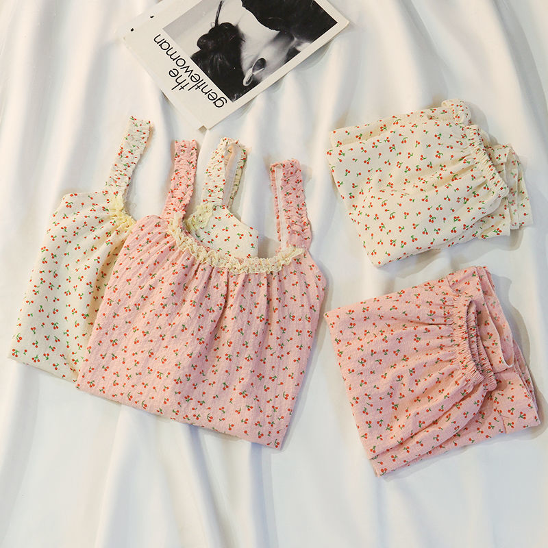 Damepyjamas loungewear damestrømpeholder forår sommer tynd ærmeløs vest koreansk blomstret sød pyjamas loungewear sæt