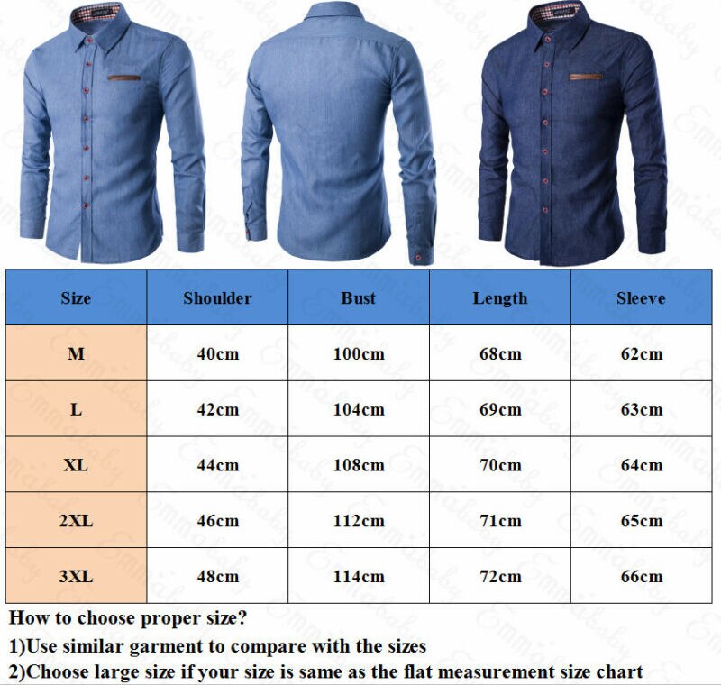 Menn casual slim fit stilig vask denim lange ermer jeansskjorter smart casual herreklær m-xxxl