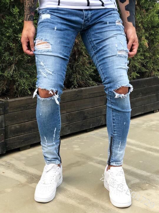 Wepbel lynlås stramme denimbukser plus størrelse huller jeans mænd capri-bukser benåbning midt talje pencil denimbukser