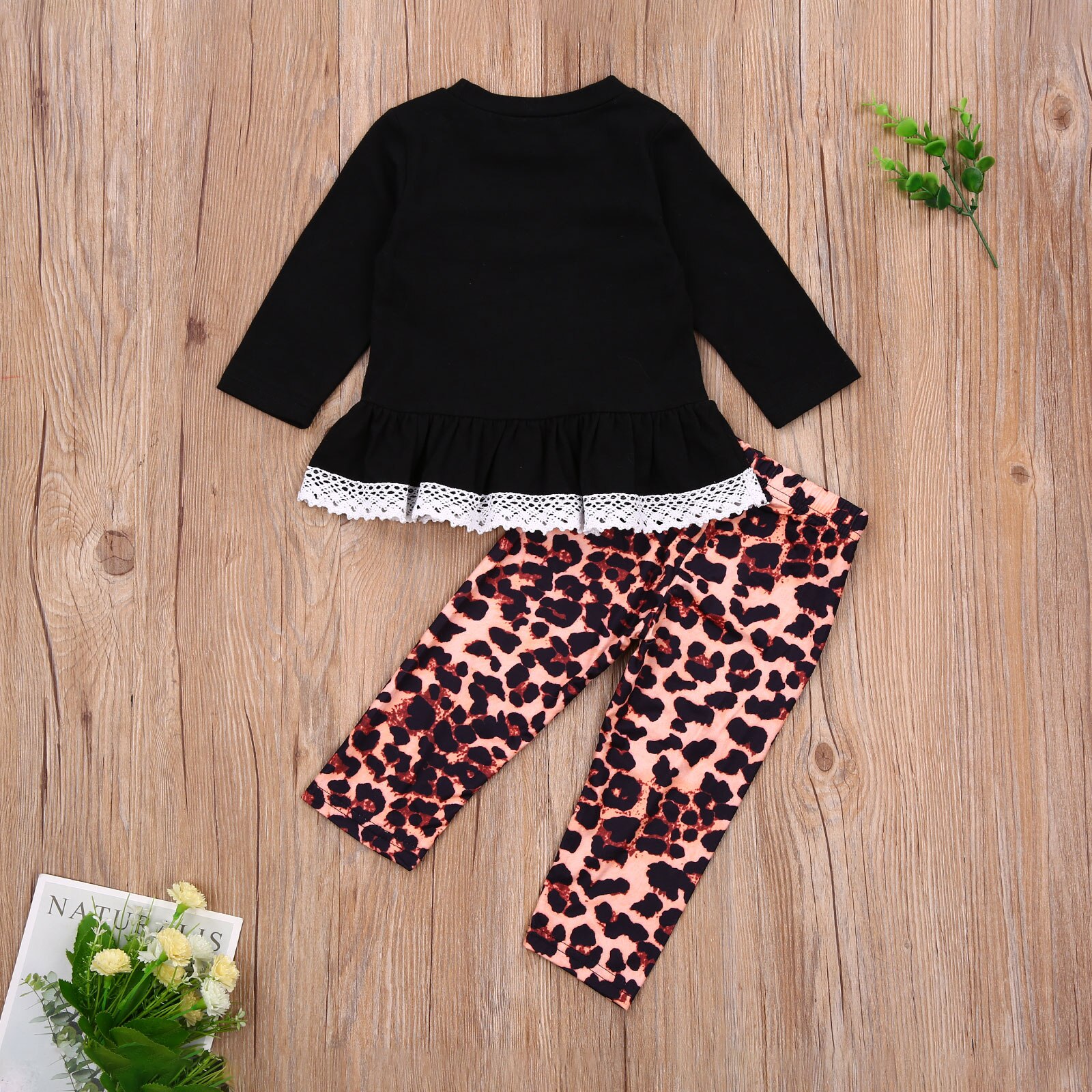 Tenues décontractées 2 pièces pour bébés filles, pull à manches longues à motif cœur et col rond + pantalon imprimé léopard