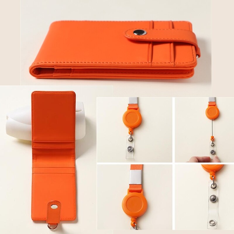 1pc Retractable Badge Lanyard Work Name Business Card Cover Card Holder PU Leather Card Wallet