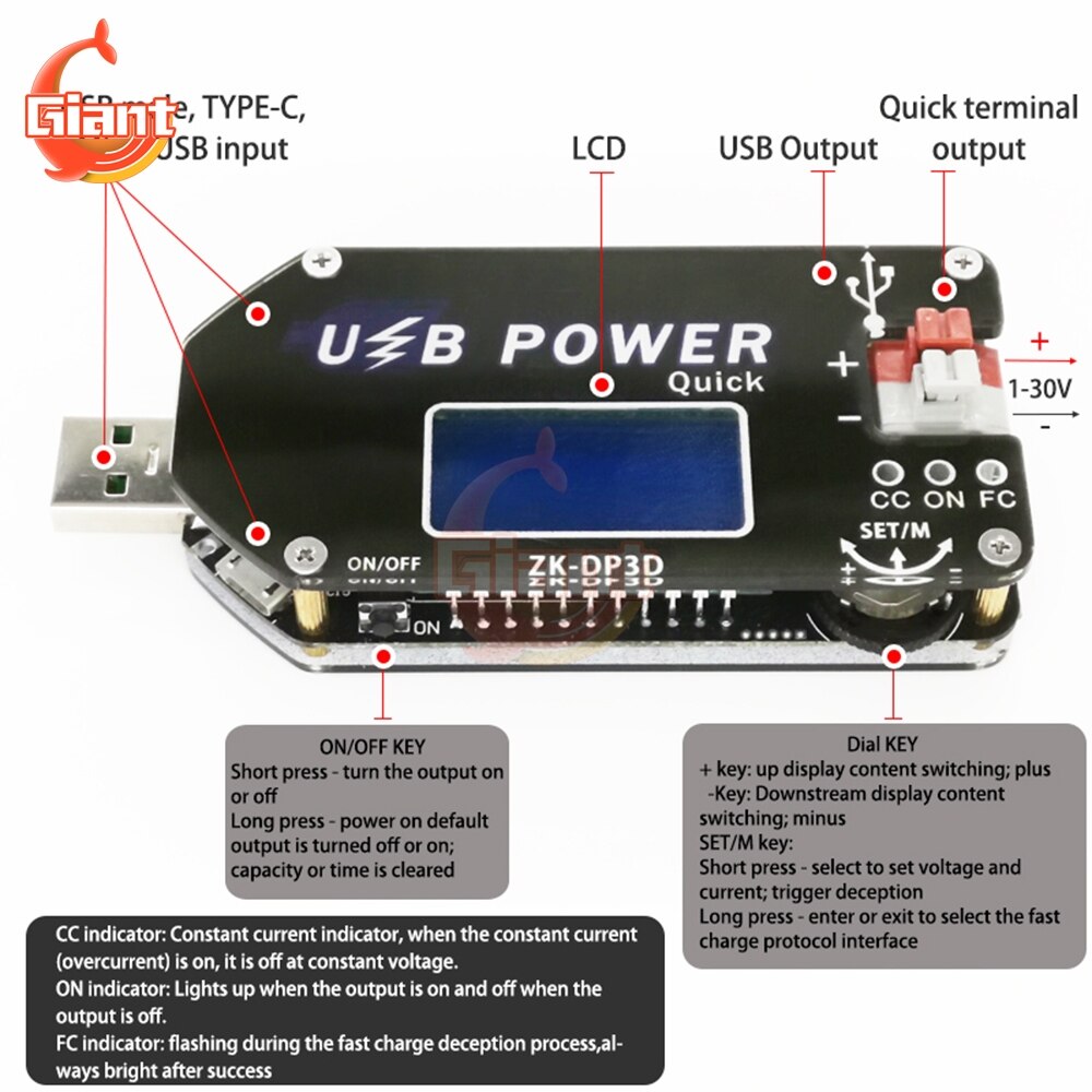 15W Type-C Micro USB Speed Controller Governer Power Charger CC CV Power Supply Trigger Fast Charging Digital Voltmeter Ammeter