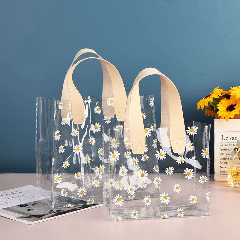 Transparent Klar Toteväska PVC Handtag Transparent Shoppingväskor Liten Daisy Handväska