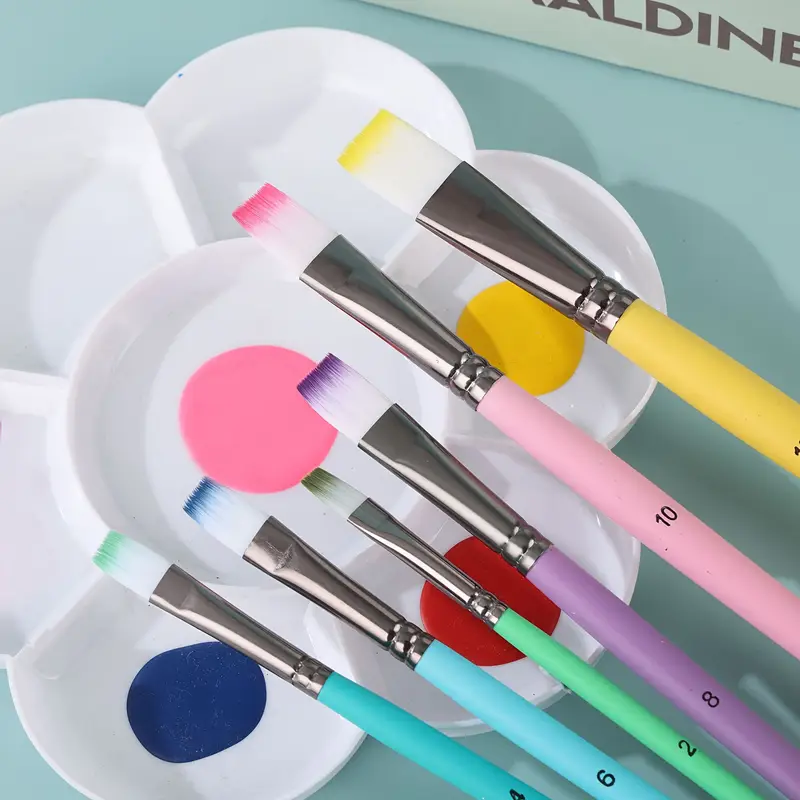 6-delige professionele kunstenaarspenselset - fijne punt, houten handvatten, nylon ronde puntige platte punten veelkleurige kwast