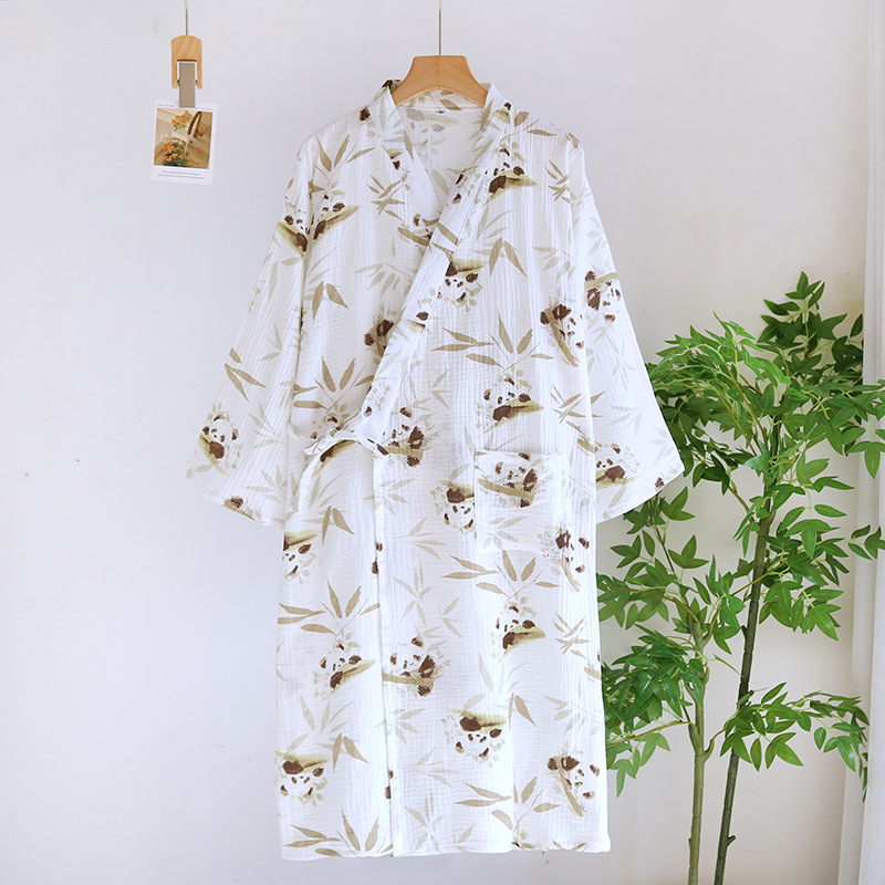 Katoenen Bamboe Bedrukte Nachtkleding Badjassen Voor Dames Lente En Zomer Dubbellaags Dunne Huiskleding Pyjama Gewaden: M / green