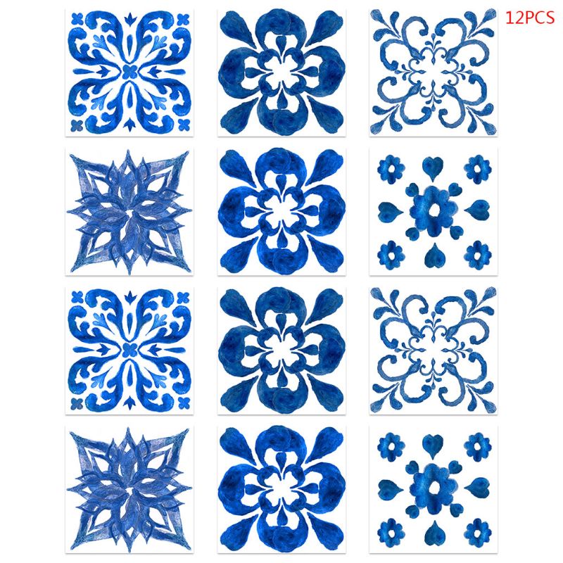 12pcs Blue and White Porcelain Self Adhesive PVC Ceramic Tile Sticker Waterproof 32CD: Default Title