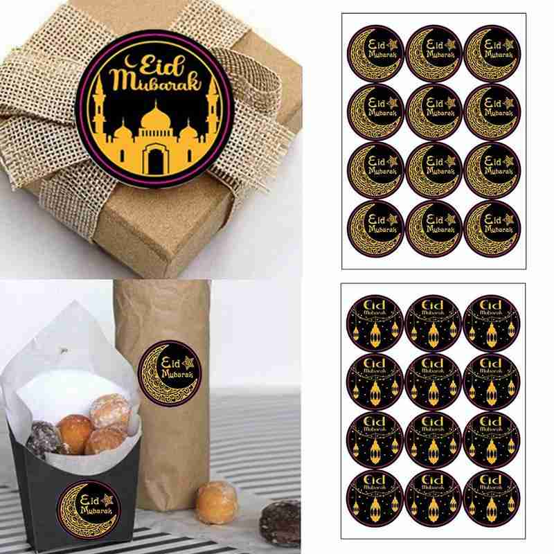 Autocollant rond noir, étiquette lanterne Eid Mubarak V4I3 pour Ramadan, 120
