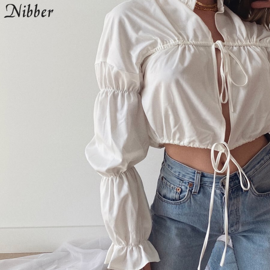 Nibber Sxey lace up Hollow puff sleeve tshirt for women fall Clothing O neck Ruffles long sleeve corp top mujer