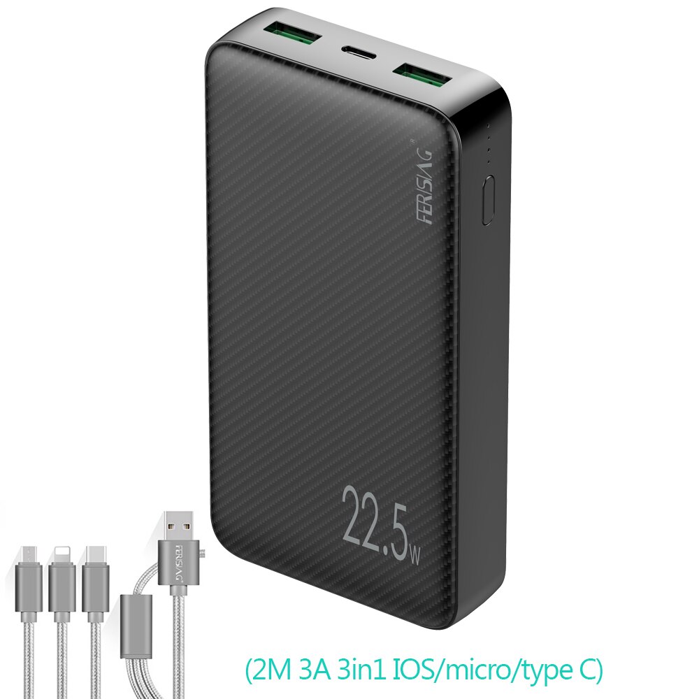 FERISING 20000mAh SCP VOOC 5A Power Bank 22.5W USB Type C External Battery Charger Quick Charge QC3.0 4.0 PD Powerbank Mi banks: With 3IN USB Cable