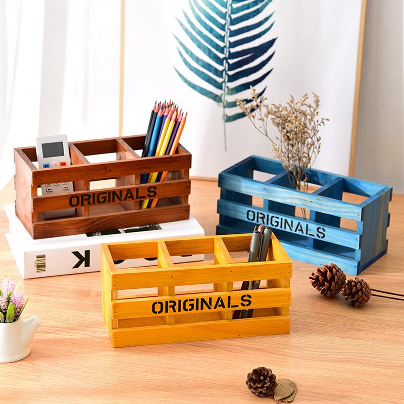Solid Wood Desktop Tv Remote Control Storage Hollow Desk Pencil Holder Office School Desk Organizer Supplies
