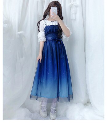 Jsk schattige lolita jurk kawaii meisje glinsterende bligbling sterrenhemel halterjurk sexy kant vreselijke kanten band blouse cos kostuum vrouwen