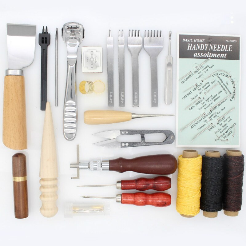 Leather Craft Hand Stitching Sewing Tool Kit Skiving Sewing Tool Set Thread Awl Waxed Tweezers Thimble Groover