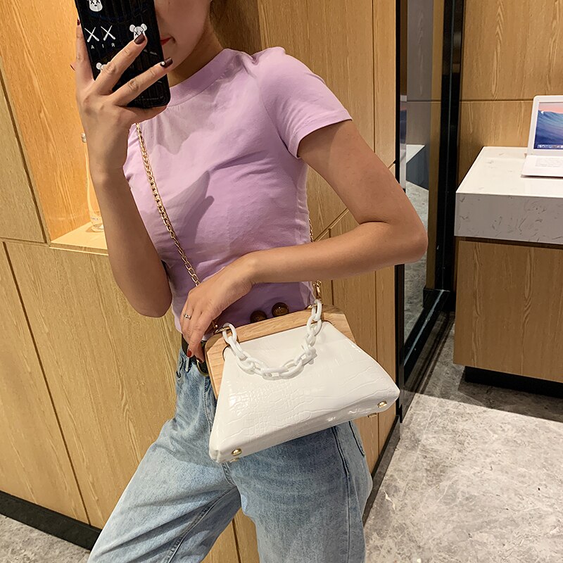 Simple Retro PU Soft Leather Clip Bag Alligator Shell Bags Chic Mini Shoulder Evening Clutch Purse Handbags Lady Chain Tote Bag