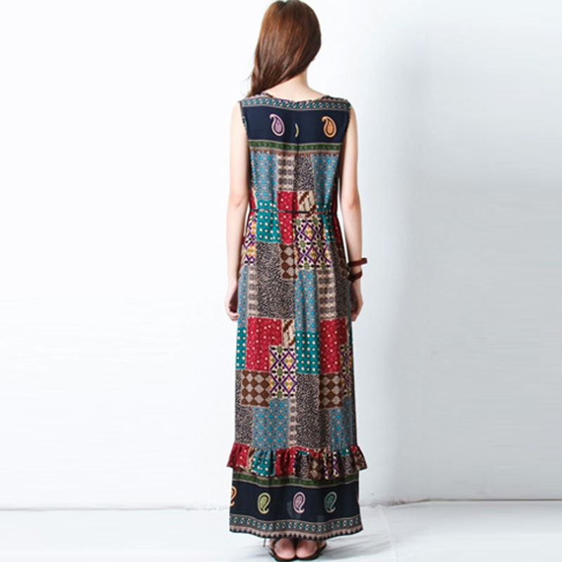 ZANZEA verano dibujo bohemio mujeres cuello redondo sin mangas suelta playa Maxi vestido largo volantes Casual Sundress de talla grande