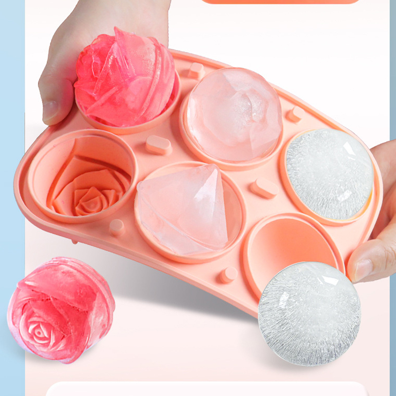 3D Rose Diamond Round Ice Cube Molds 4/6 Grid Ice Cube Tray Flower Shape Silicone Ice Maker Kitchen Bar Utensil Tool Accessorise