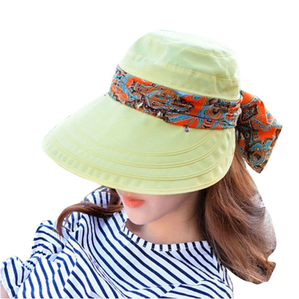 Casual kvinder sommer strandhatte solskærme kasket sammenklappelig anti-uv hat chapeau femme: Gul