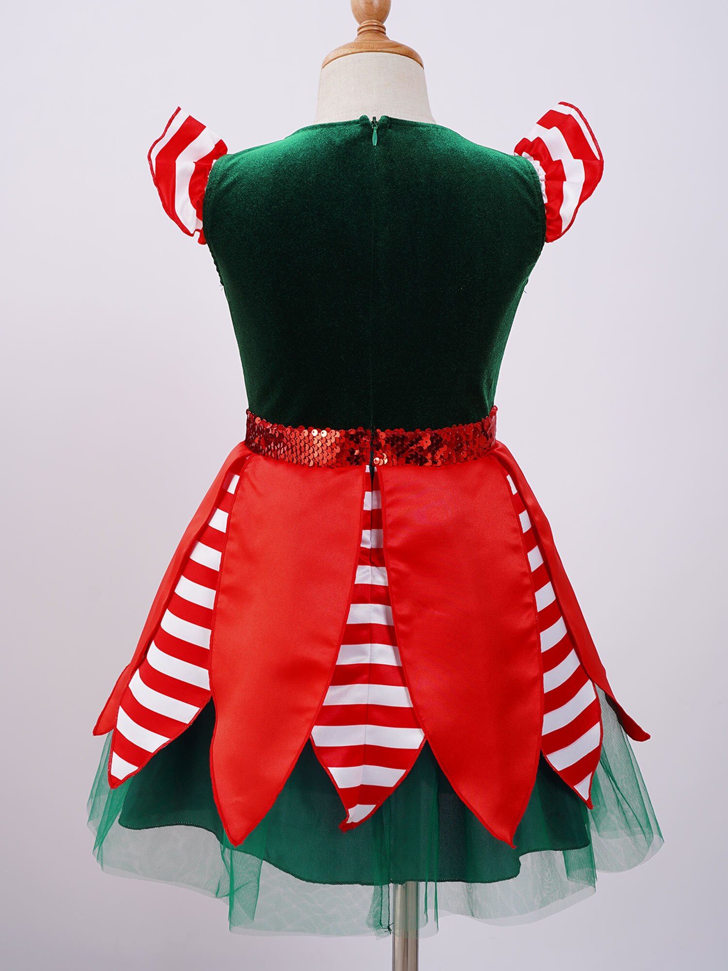 Kids Girls Mrs Claus Elf Costume Santas Christmas Party Dress Sequins Stripes Figure Ice Skating Ballet Dance Dress Hat Outfit