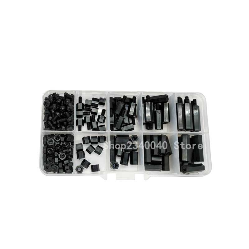 200 stk / sæt sort / hvid hex nylon standoff afstandsstykke søjle fladt hoved nylon plast afstandsskruer møtrikker  m3*5/10/15/20mm+6