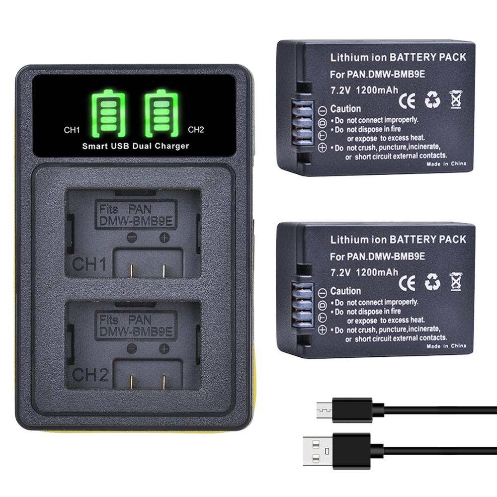 Batería de DMW-BMB9 y cargador LED, accesorio para Panasonic Lumix DMC FZ40K FZ45K FZ47K FZ48K FZ60 FZ70 FZ100 FZ150 DMWBMB9, DMW-BMB9E: 2 battery 1 charger
